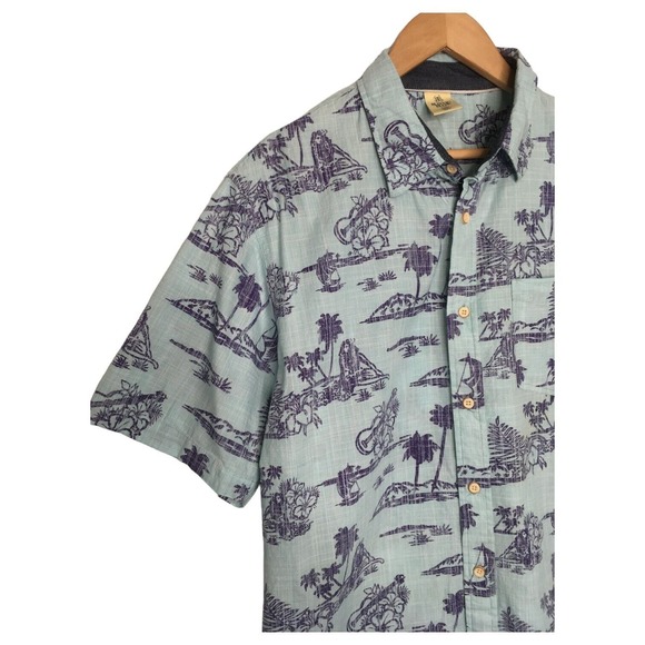 Rustic Blue Top Mens L Hawaiian Tropical Cotton Button Up Short Sleeves Blue - Picture 5 of 11